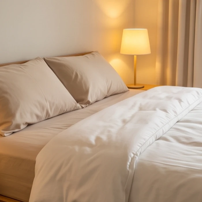 Chiếc giường trải bộ chăn ga chất liệu cotton mượt mà tông màu be đất dưới ánh đèn ngủ màu vàng ấm áp