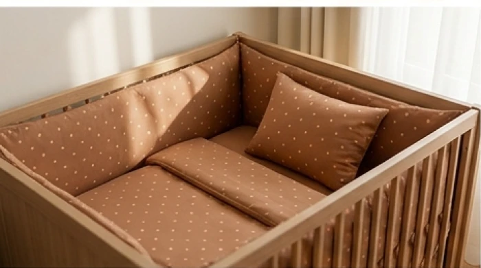 Chiếc giường của bé trai Ất Tỵ được trải bộ chăn ga màu nâu đất điểm xuyết các họa tiết chấm bi cam