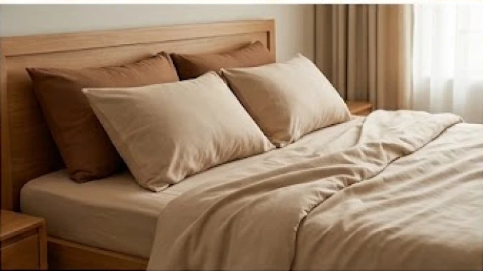 Bộ chăn ga giường ngủ bằng vải lụa cotton màu vàng cát kết hợp gối tựa màu nâu ấm cúng cho ông bà sinh năm 1940