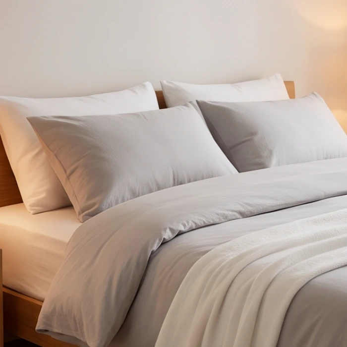 Chiếc giường nhỏ được trải bộ drap màu xám nhạt thanh lịch giúp cân bằng năng lượng phong thủy