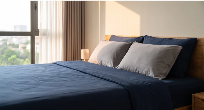 Bộ chăn ga gối cotton màu xanh dương đậm phối hợp hài hòa trên nệm giường cho tuổi Nhâm Ngọ