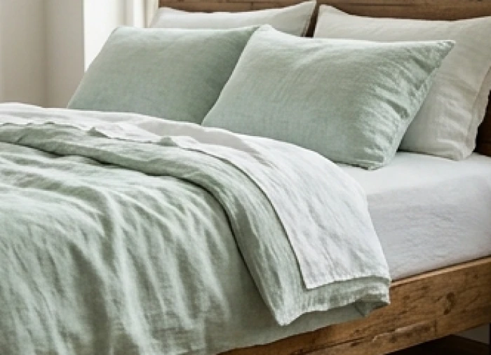 Giường ngủ êm ái được trải chăn ga làm từ chất liệu vải linen và cotton mang đậm tính Mộc