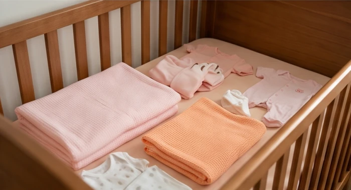 Bộ đồ dùng sơ sinh cho bé mệnh phú đăng hỏa với chăn ga gối màu hồng pastel cam đào chiếm tỷ lệ điểm nhấn