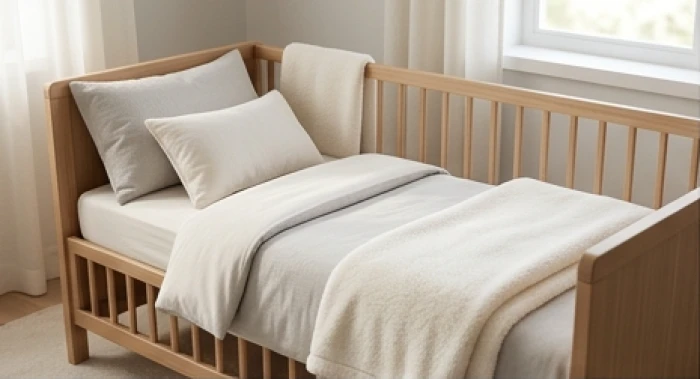 Bộ chăn ga cotton organic màu trắng xám nhạt dành cho nôi em bé sinh năm nhâm dần 2022 tạo cảm giác dịu mắt