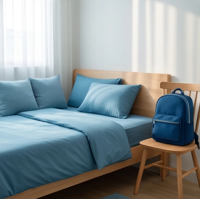 Góc phòng ngủ êm ái với bộ chăn ga và chiếc cặp sách màu xanh dịu mát tương sinh hành Thủy cho bé mệnh Mộc