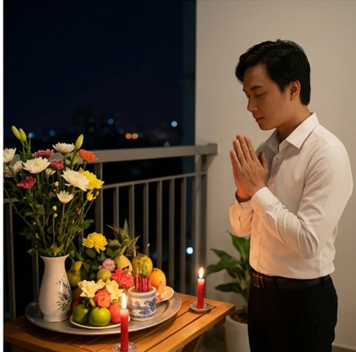 Gia chủ mặc trang phục chỉnh tề đang thành tâm chắp tay khấn vái trước mâm cúng ngoài ban công