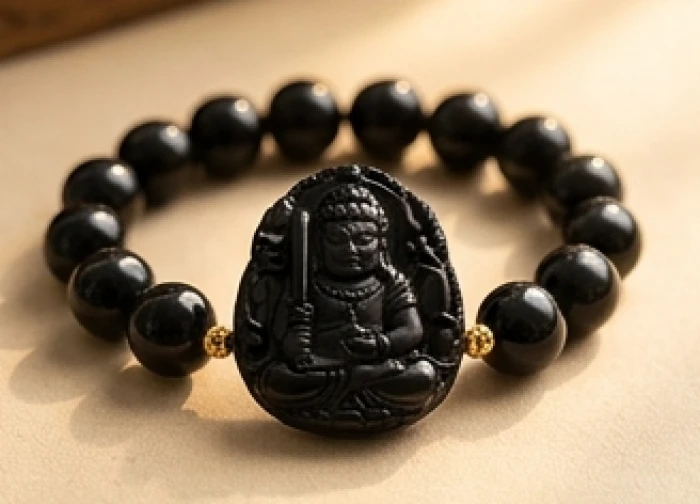 Mặt charm Phật bản mệnh Bất Động Minh Vương chạm khắc sắc nét trên chuỗi hạt đá obsidian