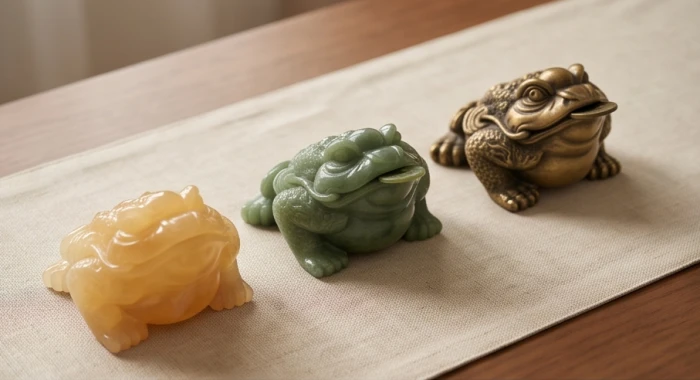 Ba mẫu tượng thiềm thừ được chế tác từ đá thạch anh vàng ngọc bích tự nhiên và đồng thau nguyên khối