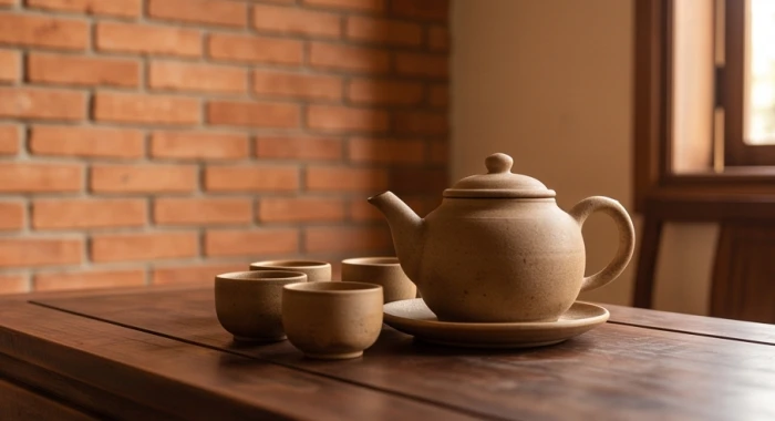 Bộ ấm chén gốm mộc không tráng men đặt trên bàn gỗ bên mảng tường gạch nung truyền thống