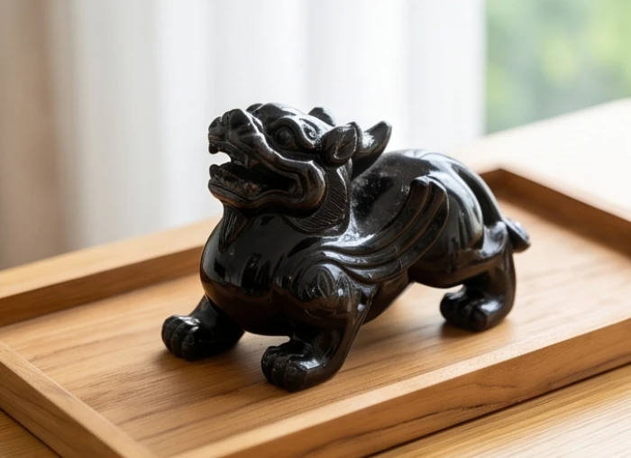Bức tượng Tỳ Hưu chế tác từ khối đá thạch anh đen tự nhiên với bề mặt đánh bóng mịn trên bàn gỗ