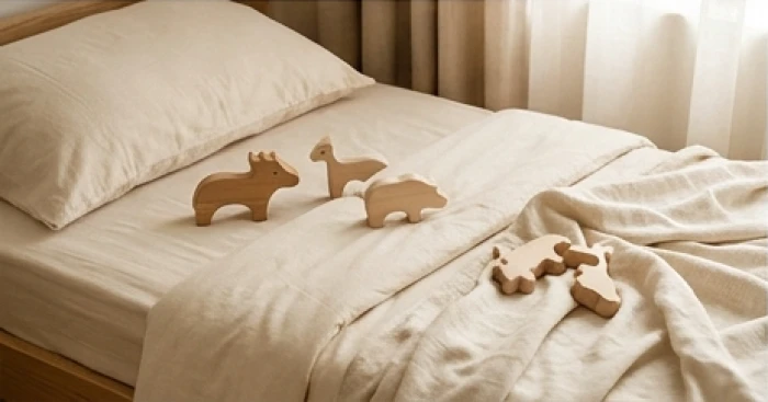 Bộ ga gối bằng vải cotton tự nhiên màu kem cùng các món đồ chơi gỗ mộc an toàn đặt trên thảm phòng ngủ