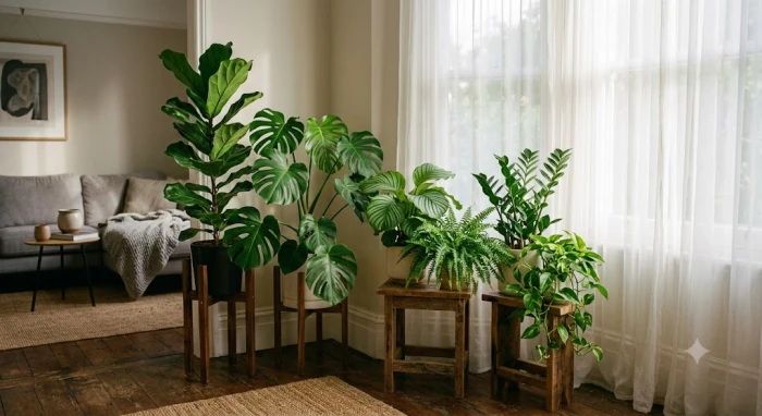 Những chậu cây phong thủy tươi xanh đặt trên đôn gỗ cách cửa sổ có rèm voan trắng đón nắng gián tiếp