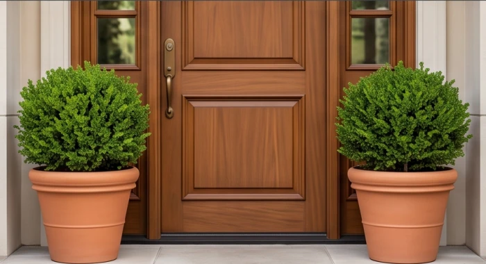 Hai chậu cây cảnh dáng tròn trịa, lá xanh mướt được đặt đối xứng ngay ngắn ở hai bên mép cửa chính ngôi nhà