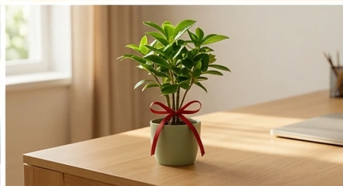 Chậu cây phong thủy nhỏ xanh mướt đặt trên bàn làm việc được buộc một dải ruy băng đỏ ở gốc