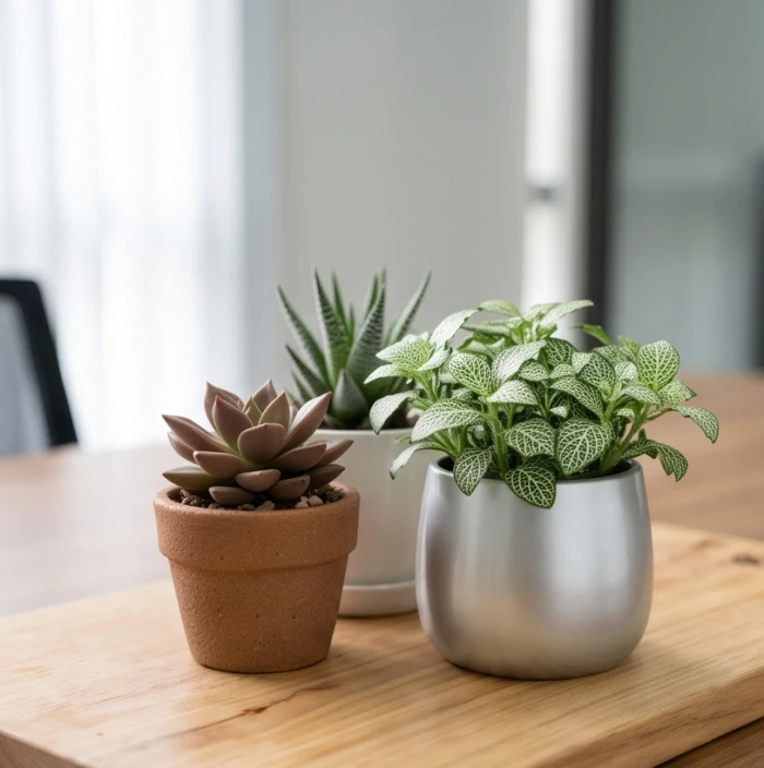 Các chậu cây phong thủy nhỏ gồm Sen Đá Nâu và Bạch Mã Hoàng Tử trồng trong chậu gốm màu sắc hài hòa ngũ hành
