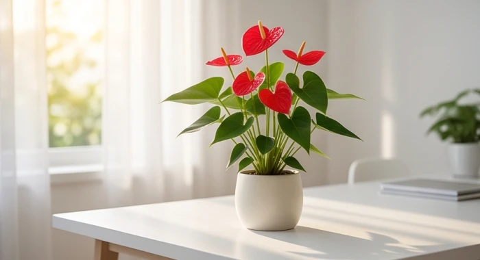 Chậu cây Hồng Môn với những cụm hoa đỏ rực rỡ được đặt gọn gàng ở góc trái bàn làm việc đón nắng nhẹ