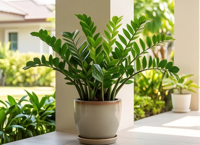 Chậu cây kim tiền cỡ lớn đẻ nhiều nhánh xanh tốt được đặt an toàn dưới lớp mái che hiên nhà