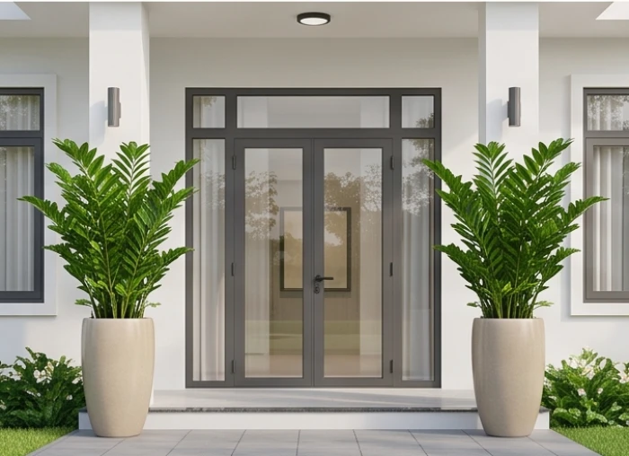 Hai chậu cây kim tiền lớn đặt đối xứng hai bên cửa chính trước hiên nhà giúp đón sinh khí và tài lộc vào bên trong