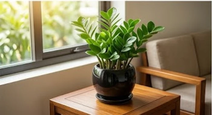 Chậu cây kim tiền lá tròn tươi tốt trồng trong sứ đen đặt tại góc Đông Nam phòng khách hợp mệnh Tùng Bách Mộc
