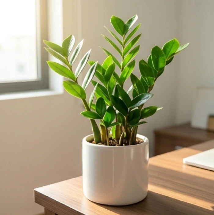 Chậu cây kim tiền lá xanh mướt mọc thẳng tắp được đặt ở góc hướng đông nam bàn làm việc