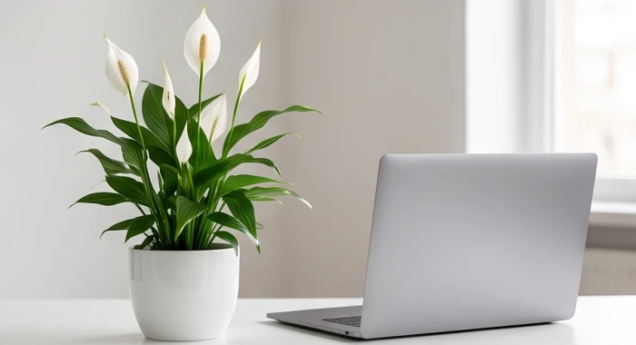 Chậu cây lan ý thanh lịch với cành hoa trắng tinh khôi vươn lên giữa những chiếc lá xanh mướt dịu mắt