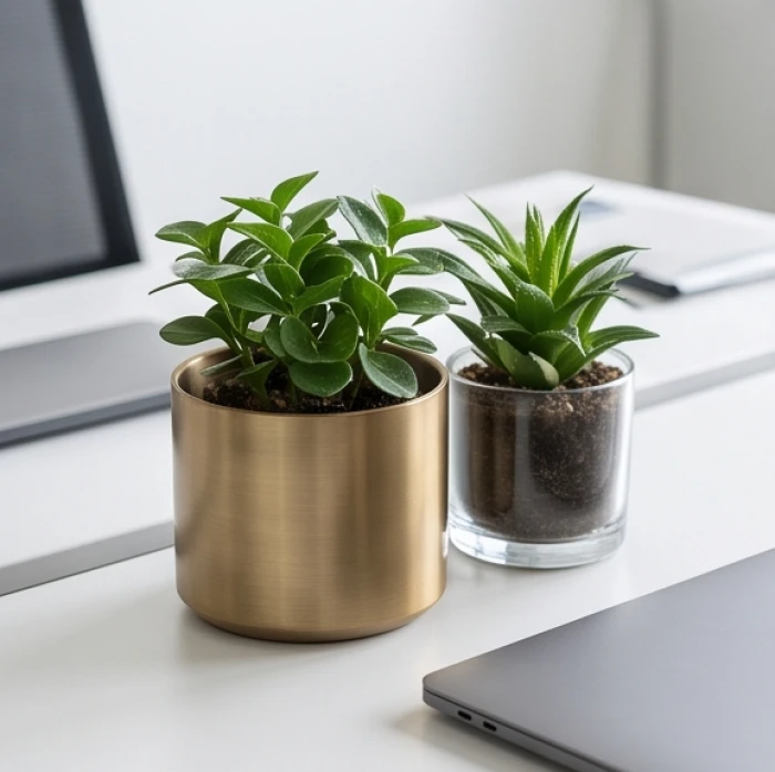 Chậu cây mini bằng đồng thau sang trọng cùng bình thủy tinh trong suốt nhỏ nhắn trên bàn làm việc