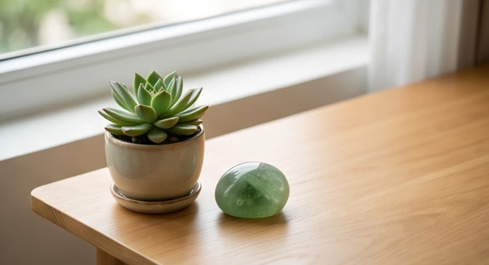 Chậu cây sen đá nhỏ và chặn giấy thạch anh xanh đặt gọn gàng ở góc trái bàn học gỗ của bé lớp 3