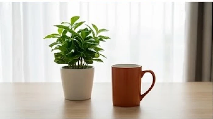 Chậu cây xanh nhỏ và ly sứ màu cam đặt trên bàn làm việc nhằm cân bằng ngũ hành cho người sinh mùa đông