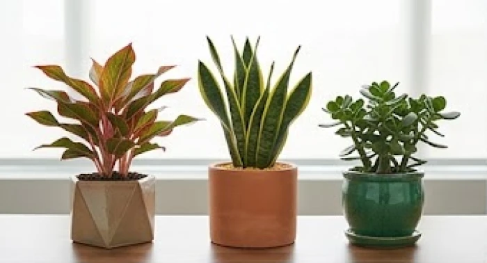 Các chậu cây phong thủy tương sinh cho tuổi Mão gồm vạn lộc và lưỡi hổ sắp xếp tinh tế trên bàn làm việc
