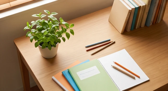 Chậu cây xanh nhỏ thuộc hành Mộc đặt trên góc bàn học để thanh lọc và cân bằng khí trường