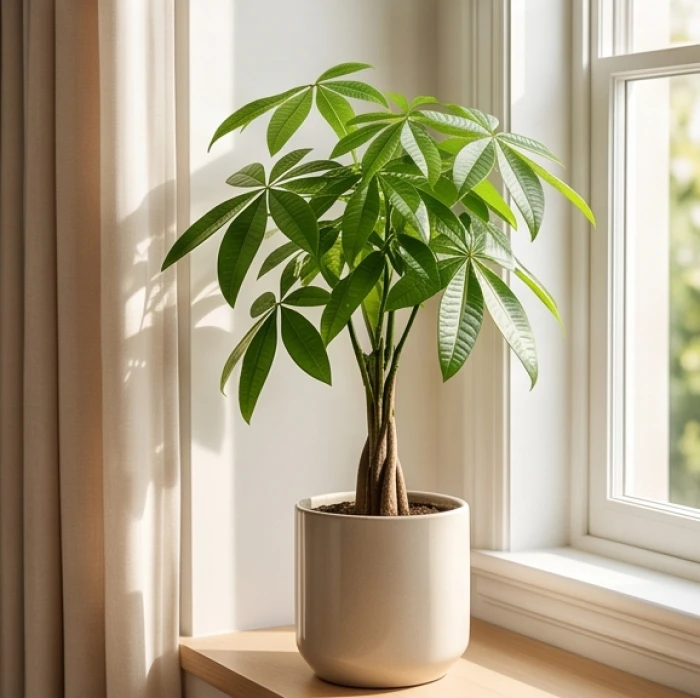 Chậu cây kim ngân xanh tốt đặt khéo léo cạnh cửa sổ phòng khách giúp chuyển hóa năng lượng xung khắc