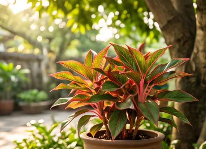 Chậu cây phú quý lá viền đỏ rực rỡ được kê an toàn dưới tán cây lớn trong sân nhà luôn dịu mát