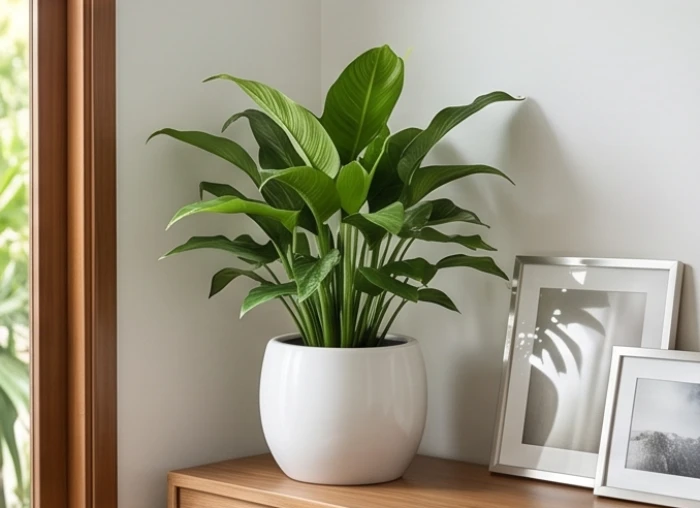 Chậu cây xanh trồng trong bình sứ trắng đặt góc phòng giúp điều hòa sinh khí cho ngôi nhà nhiều màu nâu đất