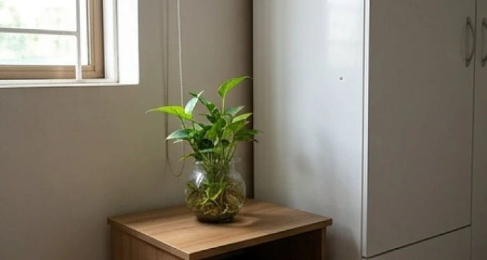 Chậu cây thủy sinh nhỏ đặt cạnh tủ quần áo màu trắng để cân bằng phong thủy