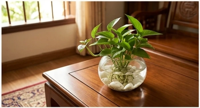 Chậu cây thủy sinh xanh mát đặt trên bàn trà phòng khách giúp hóa giải hỏa khí và mang lại bình an cho gia chủ Tân Mão