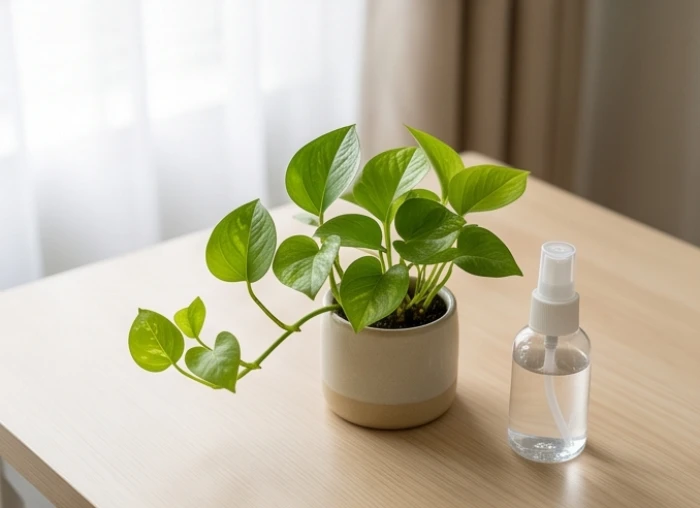 Chậu cây trầu bà lá tròn mềm mại đặt gọn gàng cạnh bình tưới nước nhỏ trên bàn học gỗ