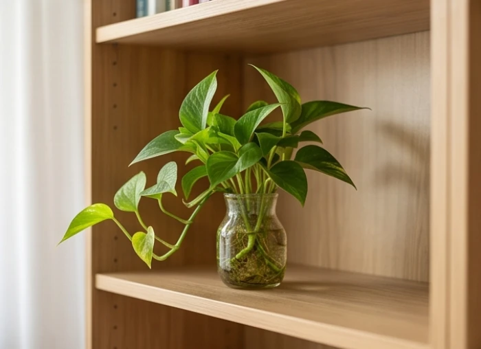 Chậu cây trầu bà thủy sinh với bộ rễ khỏe mạnh đựng trong bình thủy tinh nhỏ gọn đặt trên giá sách cao
