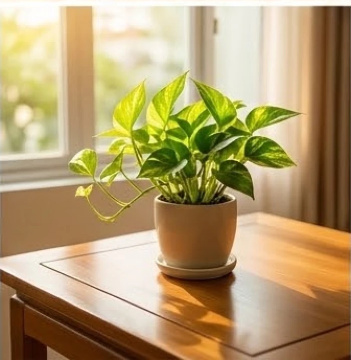 Chậu cây trầu bà xanh xinh xắn đặt trên bàn trà gỗ sinh tài lộc cho gia chủ tuổi mậu tuất 1958