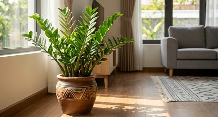 Chậu cây Kim Tiền lớn xanh tốt được đặt ngay góc phòng khách tạo vùng đệm ngũ hành giữa các thành viên
