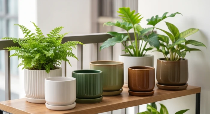 Các chậu gốm sứ đa dạng màu sắc từ trắng xanh đến nâu vuông đặt gần khu vực ban công