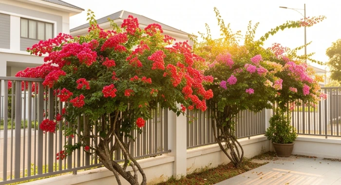 Khóm hoa giấy đỏ hồng rực rỡ bung nở cạnh bờ tường rào trước sân nhà chịu nắng tốt