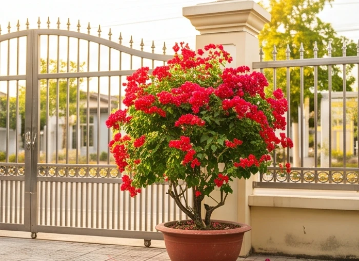 Một chậu hoa giấy nở hoa màu đỏ rực rỡ dưới nắng hè đặt ngay bên cạnh cổng sắt của ngôi nhà