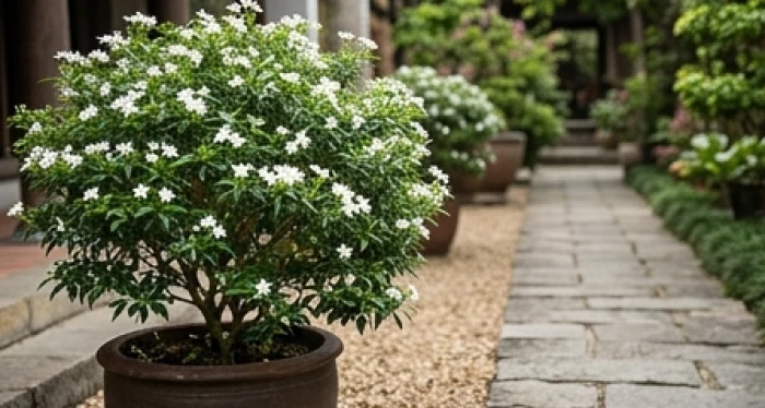 Chậu cây mai vạn phúc với những bông hoa màu trắng tinh khôi điểm xuyết dọc lối đi sân vườn dưới ánh nắng sớm