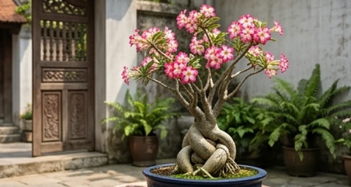 Chậu hoa sứ trắng hồng với phần gốc phình to kiên cố đặt ở góc sân đón ánh nắng tự nhiên rực rỡ