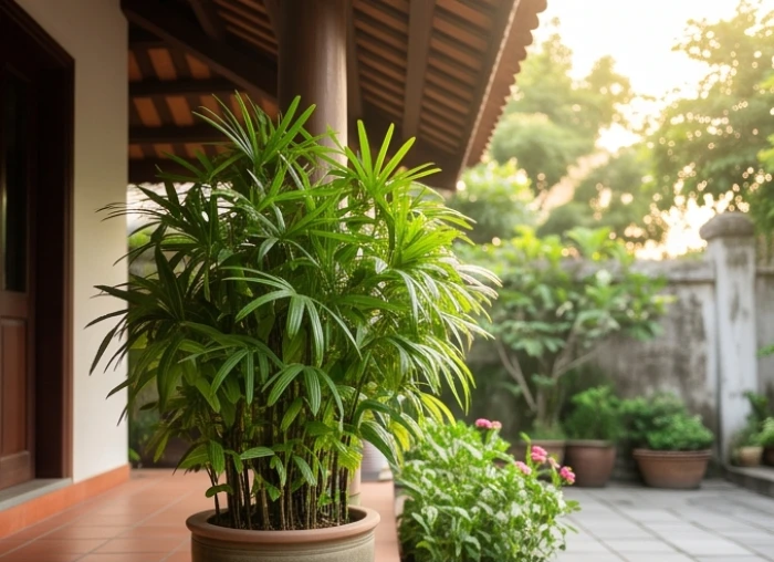 Chậu cây kim ngân lá xanh mướt được kê an toàn dưới mái hiên khuất nắng gắt ban trưa