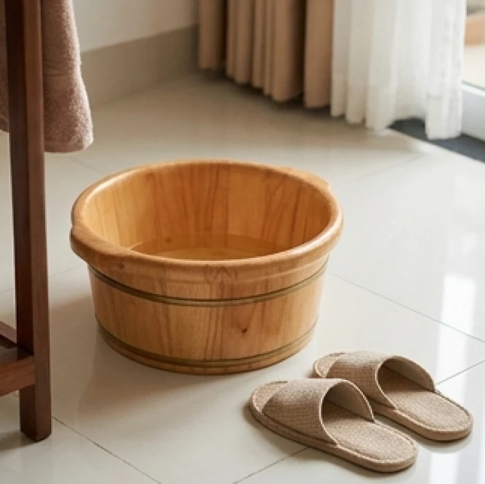 Chiếc chậu ngâm chân làm từ chất liệu gỗ mộc tự nhiên đặt cạnh đôi dép đi trong nhà êm ái