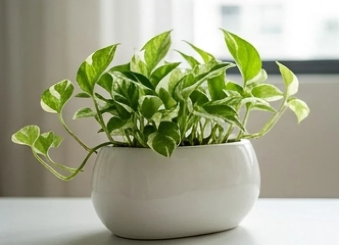 Chậu sứ trắng tráng men dáng bầu bo tròn mềm mại trồng cây trầu bà cẩm thạch lá hình tim buông rủ uyển chuyển