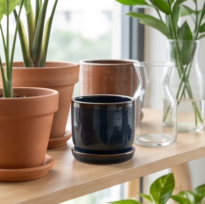 Các mẫu chậu cây đất nung mộc mạc cùng chậu thủy tinh trong suốt bày biện đẹp mắt trên kệ gỗ