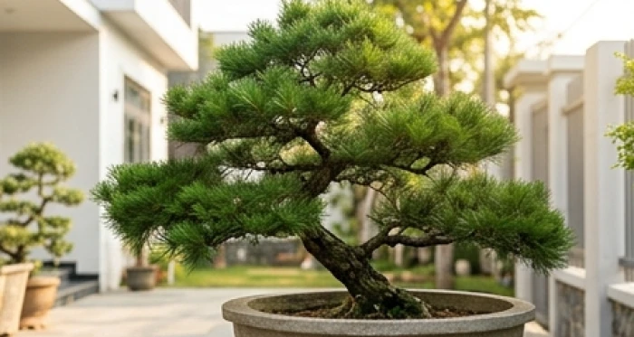 Chậu cây tùng la hán dáng bonsai với tán lá xanh thẫm kiên cố được đặt giữa sân vườn tràn ngập ánh nắng