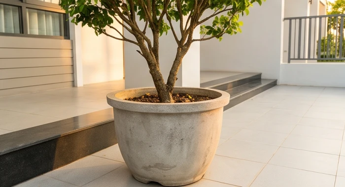 Chậu xi măng đúc dày đặt trên nền gạch sân vườn giúp khống chế bộ rễ cây thân gỗ an toàn